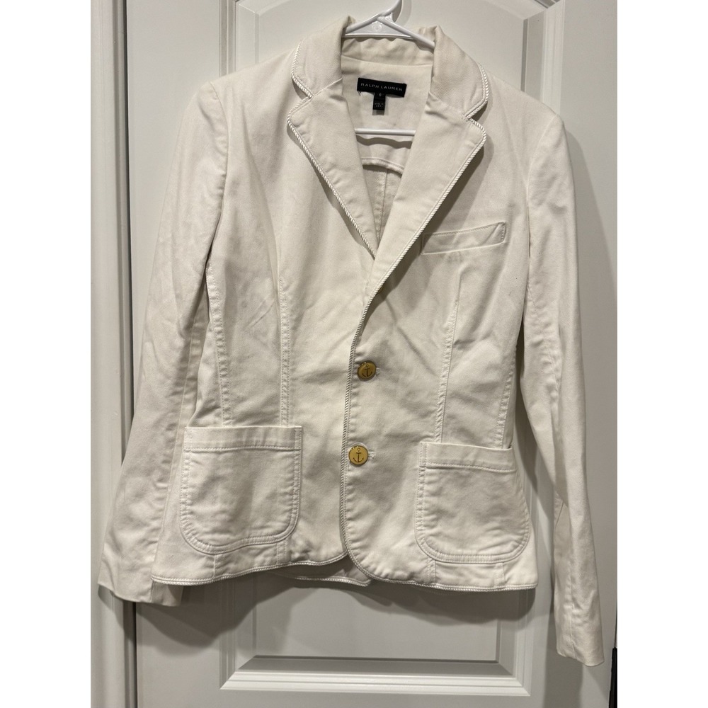 Ralph Lauren White Blazer Size 6 Made in USA Gold Anchor Buttons Nautical Chic